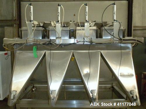 Used Weigh Right PMB-4 net weigher is a four-head scale offering speeds up to 40 fills per minute. Approximately 3-1/2" outlets on 18" centers with a 40" discharge height. The scale is designed to ha...