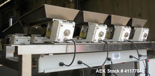 Used Weigh Right PMB-4 net weigher is a four-head scale offering speeds up to 40 fills per minute. Approximately 3-1/2" outlets on 18" centers with a 40" discharge height. The scale is designed to ha...
