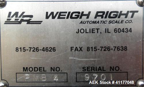 Used Weigh Right PMB-4 net weigher is a four-head scale offering speeds up to 40 fills per minute. Approximately 3-1/2" outlets on 18" centers with a 40" discharge height. The scale is designed to ha...