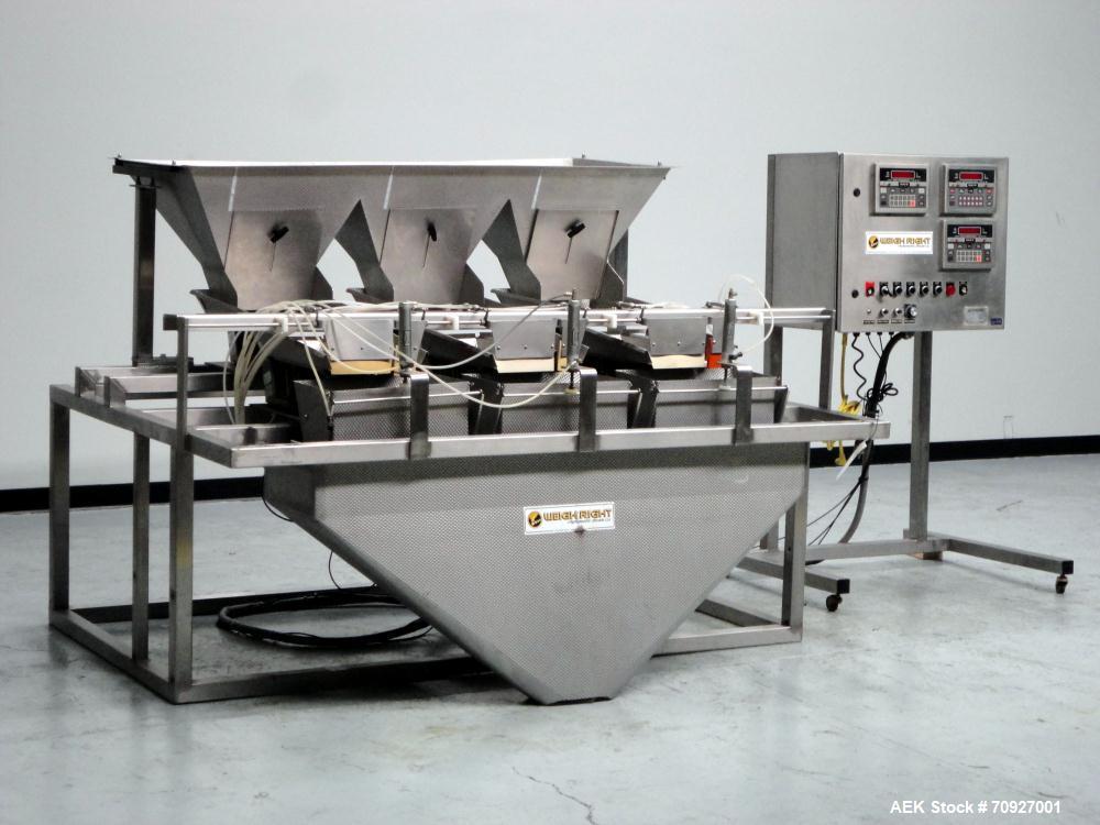 Used Weigh Right PMB-3 Net Weigh Scale System. Capable of speeds up to 45 containers per minute (Depending on product and fill volume). Fill volume range: 3 - 10 lbs, with accuracy of 0 - 0.01 lbs. (...