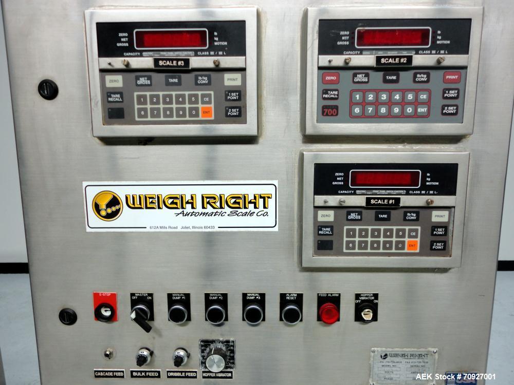 Used Weigh Right PMB-3 Net Weigh Scale System. Capable of speeds up to 45 containers per minute (Depending on product and fill volume). Fill volume range: 3 - 10 lbs, with accuracy of 0 - 0.01 lbs. (...