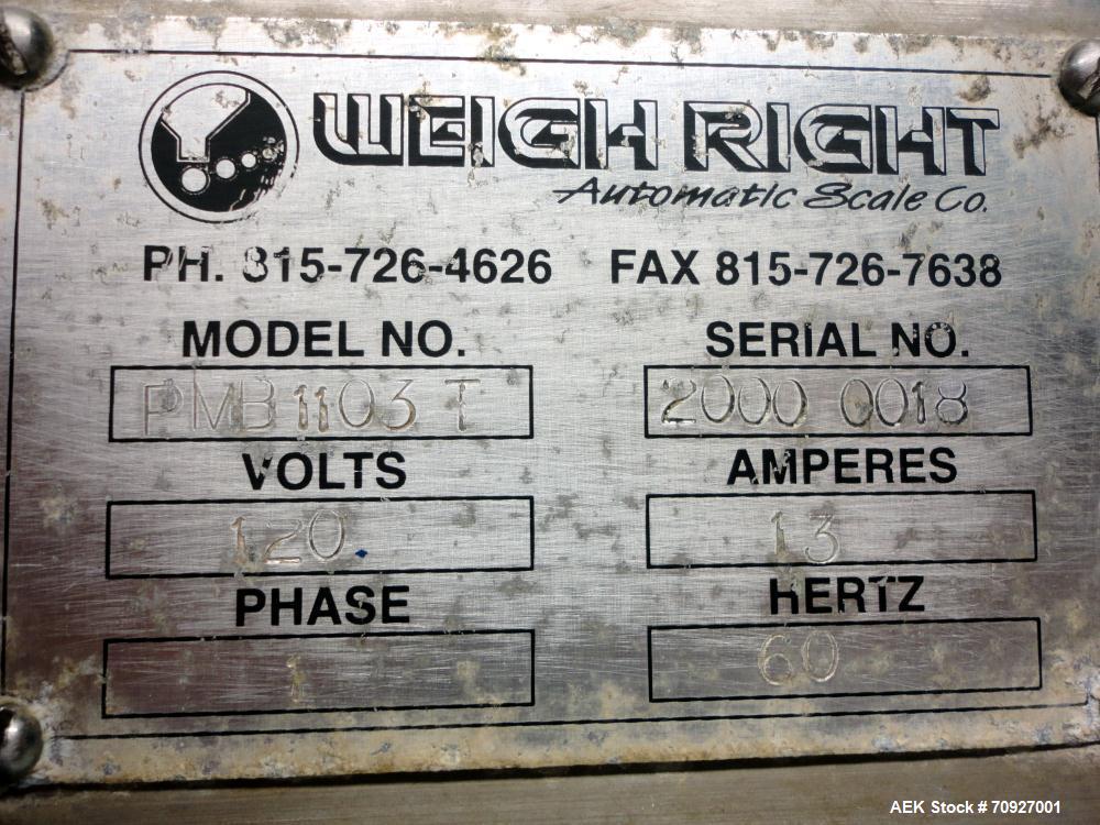 Used Weigh Right PMB-3 Net Weigh Scale System. Capable of speeds up to 45 containers per minute (Depending on product and fill volume). Fill volume range: 3 - 10 lbs, with accuracy of 0 - 0.01 lbs. (...