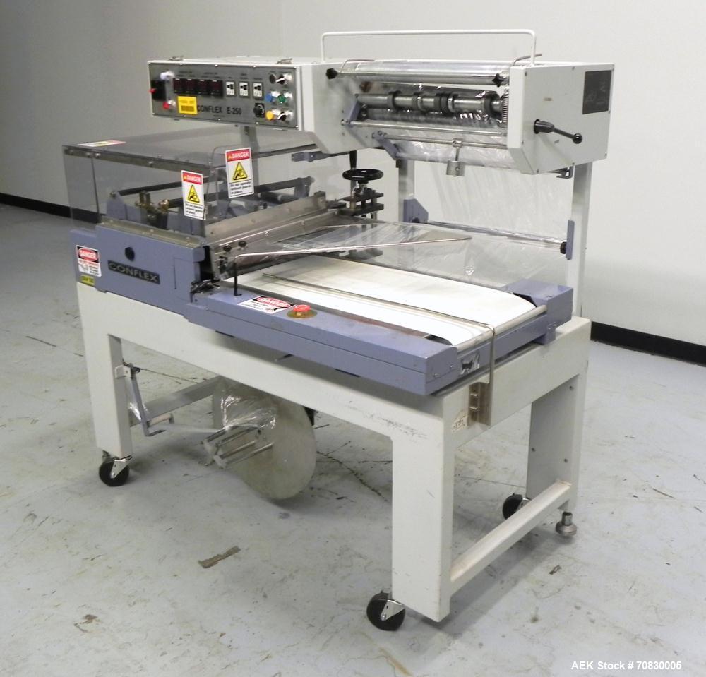 Used Conflex Model E-250 HS Automatic L Bar Sealer and Shrink Wrapper. The model E-250 HS is capable of speeds up to 35 packages per minute. Seal bar is 17" wide x 22" long with max height of 5". Has...