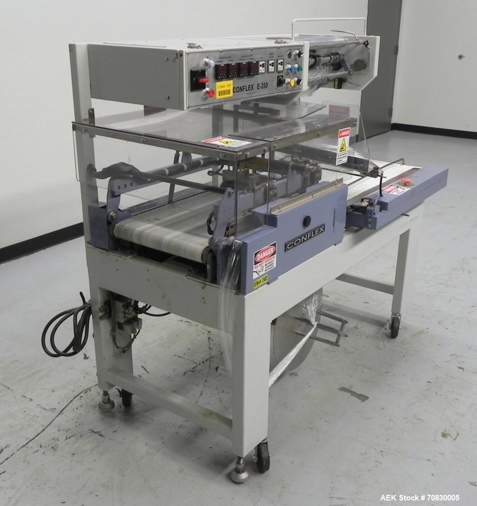 Used Conflex Model E-250 HS Automatic L Bar Sealer and Shrink Wrapper. The model E-250 HS is capable of speeds up to 35 packages per minute. Seal bar is 17" wide x 22" long with max height of 5". Has...