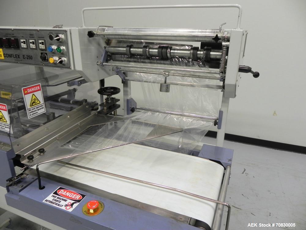 Used Conflex Model E-250 HS Automatic L Bar Sealer and Shrink Wrapper. The model E-250 HS is capable of speeds up to 35 packages per minute. Seal bar is 17" wide x 22" long with max height of 5". Has...