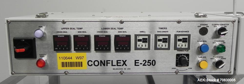 Used Conflex Model E-250 HS Automatic L Bar Sealer and Shrink Wrapper. The model E-250 HS is capable of speeds up to 35 packages per minute. Seal bar is 17" wide x 22" long with max height of 5". Has...