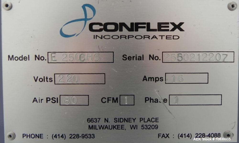 Used Conflex Model E-250 HS Automatic L Bar Sealer and Shrink Wrapper. The model E-250 HS is capable of speeds up to 35 packages per minute. Seal bar is 17" wide x 22" long with max height of 5". Has...