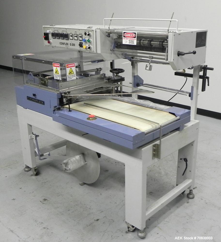 Used Conflex Model E-250 HS Automatic L Bar Sealer and Shrink Wrapper. The model E-250 HS is capable of speeds up to 35 packages per minute. Seal bar is 17" wide x 22" long with max height of 5". Has...