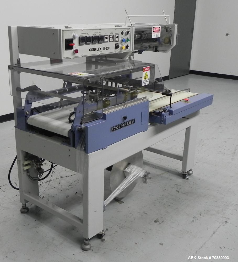 Used Conflex Model E-250 HS Automatic L Bar Sealer and Shrink Wrapper. The model E-250 HS is capable of speeds up to 35 packages per minute. Seal bar is 17" wide x 22" long with max height of 5". Has...