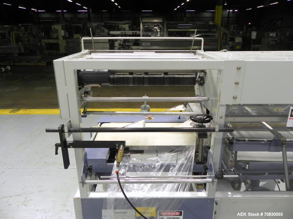 Used Conflex Model E-250 HS Automatic L Bar Sealer and Shrink Wrapper. The model E-250 HS is capable of speeds up to 35 packages per minute. Seal bar is 17" wide x 22" long with max height of 5". Has...
