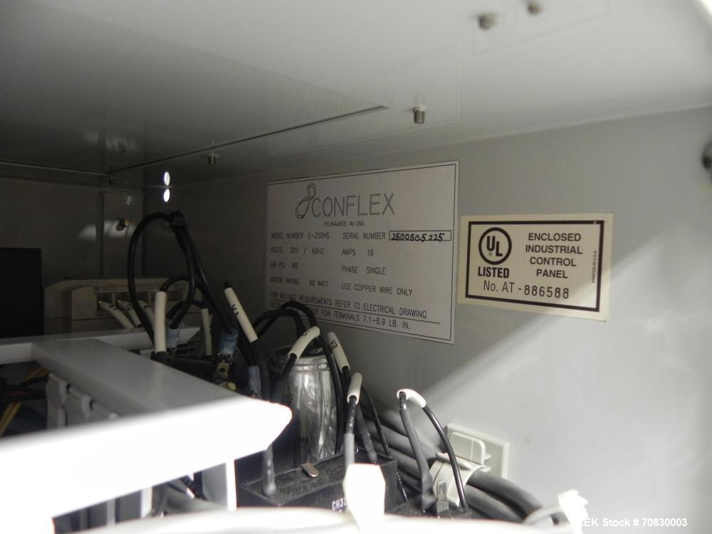 Used Conflex Model E-250 HS Automatic L Bar Sealer and Shrink Wrapper. The model E-250 HS is capable of speeds up to 35 packages per minute. Seal bar is 17" wide x 22" long with max height of 5". Has...