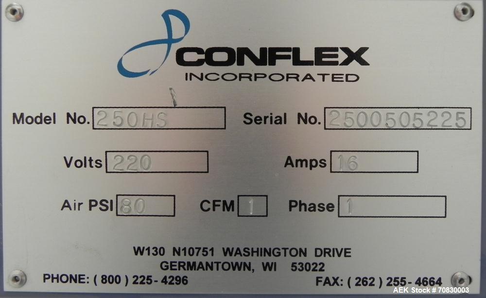 Used Conflex Model E-250 HS Automatic L Bar Sealer and Shrink Wrapper. The model E-250 HS is capable of speeds up to 35 packages per minute. Seal bar is 17" wide x 22" long with max height of 5". Has...
