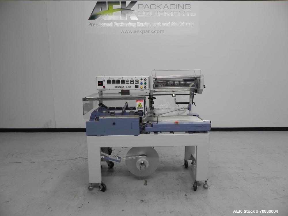 Used Conflex Model E-250 HS Automatic L Bar Sealer and Shrink Wrapper. The model E-250 HS is capable of speeds up to 35 packages per minute. Seal bar is 17" wide x 22" long with max height of 5". Has...