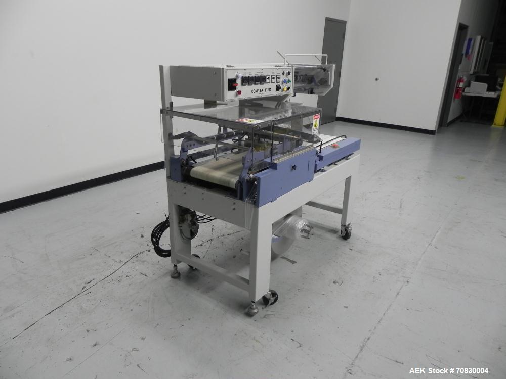 Used Conflex Model E-250 HS Automatic L Bar Sealer and Shrink Wrapper. The model E-250 HS is capable of speeds up to 35 packages per minute. Seal bar is 17" wide x 22" long with max height of 5". Has...