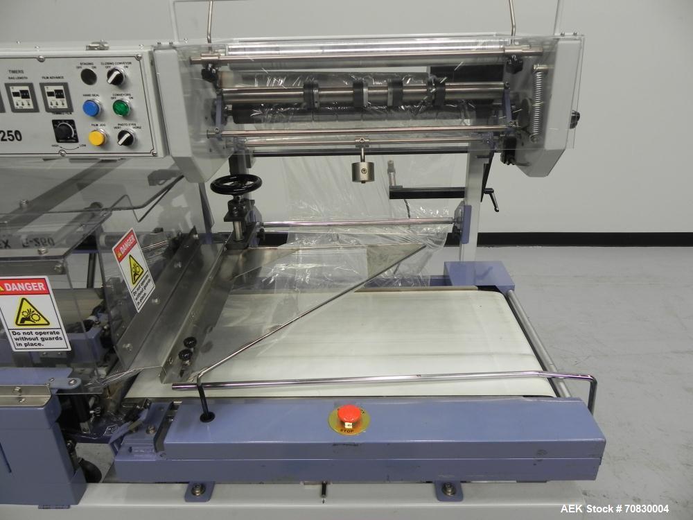 Used Conflex Model E-250 HS Automatic L Bar Sealer and Shrink Wrapper. The model E-250 HS is capable of speeds up to 35 packages per minute. Seal bar is 17" wide x 22" long with max height of 5". Has...