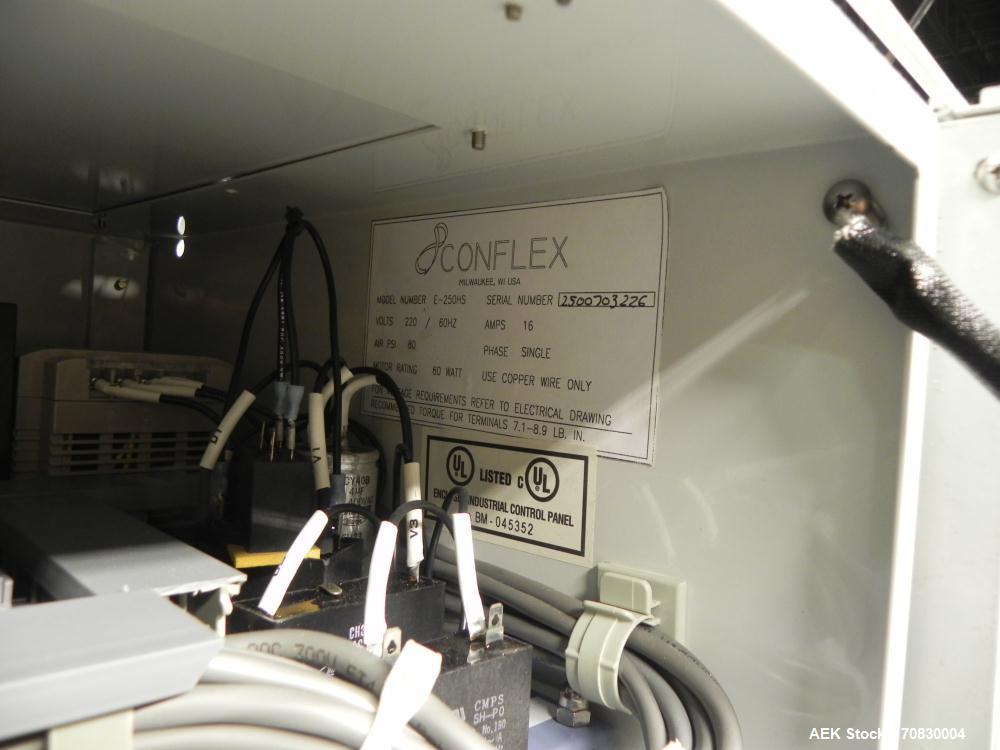 Used Conflex Model E-250 HS Automatic L Bar Sealer and Shrink Wrapper. The model E-250 HS is capable of speeds up to 35 packages per minute. Seal bar is 17" wide x 22" long with max height of 5". Has...