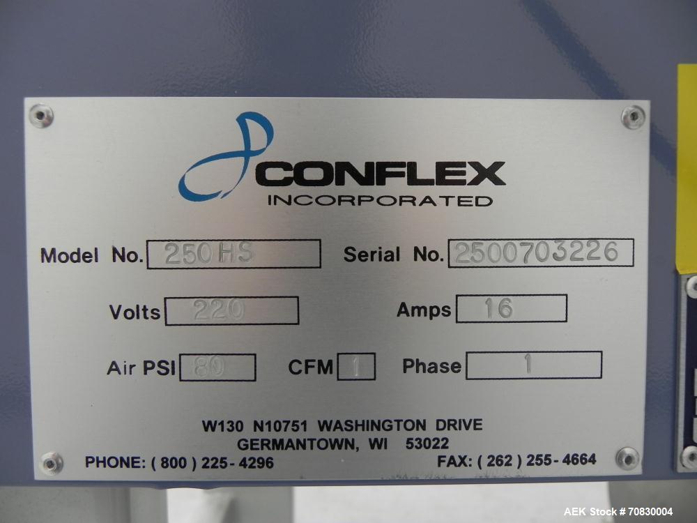 Used Conflex Model E-250 HS Automatic L Bar Sealer and Shrink Wrapper. The model E-250 HS is capable of speeds up to 35 packages per minute. Seal bar is 17" wide x 22" long with max height of 5". Has...