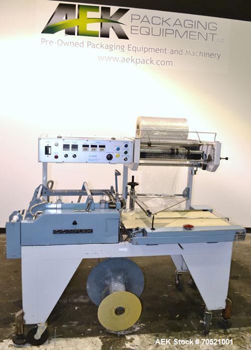 Used Conflex Model E-250C Automatic L Bar Sealer and Shrink Wrapper. Capable of speeds up to 35 packages per minute. Seal bar is 16" wide x 24" long with max height of 8". Has max centerfolded film w...