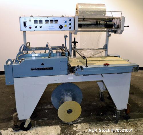 Used Conflex Model E-250C Automatic L Bar Sealer and Shrink Wrapper. Capable of speeds up to 35 packages per minute. Seal bar is 16" wide x 24" long with max height of 8". Has max centerfolded film w...