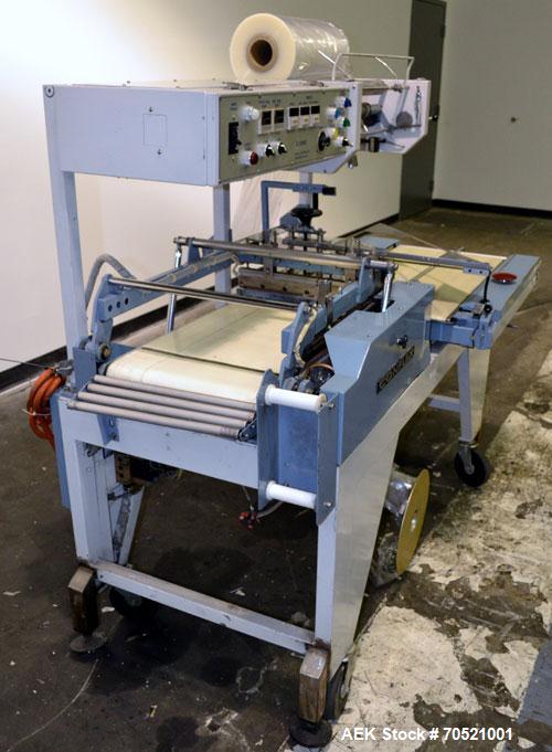 Used Conflex Model E-250C Automatic L Bar Sealer and Shrink Wrapper. Capable of speeds up to 35 packages per minute. Seal bar is 16" wide x 24" long with max height of 8". Has max centerfolded film w...