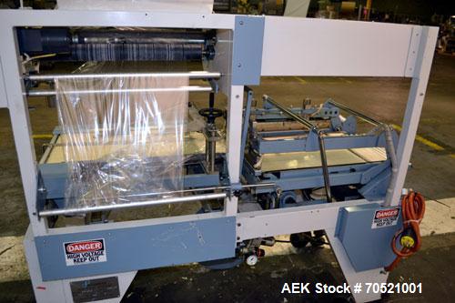 Used Conflex Model E-250C Automatic L Bar Sealer and Shrink Wrapper. Capable of speeds up to 35 packages per minute. Seal bar is 16" wide x 24" long with max height of 8". Has max centerfolded film w...