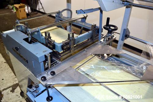 Used Conflex Model E-250C Automatic L Bar Sealer and Shrink Wrapper. Capable of speeds up to 35 packages per minute. Seal bar is 16" wide x 24" long with max height of 8". Has max centerfolded film w...