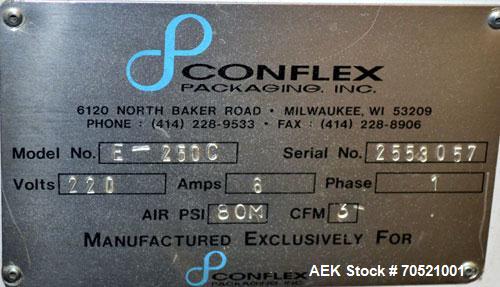 Used Conflex Model E-250C Automatic L Bar Sealer and Shrink Wrapper. Capable of speeds up to 35 packages per minute. Seal bar is 16" wide x 24" long with max height of 8". Has max centerfolded film w...