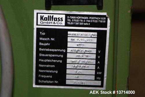 Used Kallfass Universal 8060/100 is an automatic L-Bar sealer manufactured in Germany in 1993. It will handle packages up to 800mm wide x 600mm deep x 100mm tall (31-7/16 x 23-1/2 x 3-7/8).