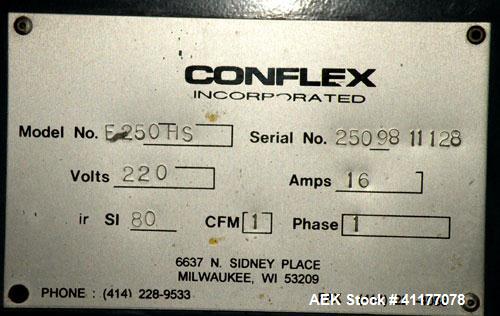 Used Conflex Automatic L Bar Sealer, Model E250 HS. Capable of speeds up to 30 packages per minute, and 100 feet per minute of film. Seal area 17’’ wide x 22’’ long, maximum seal dimensions 15-1/2" w...