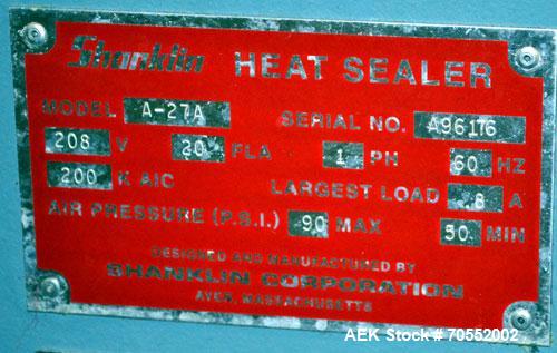 Used Shanklin A27A Automatic L bar Sealer capable of speeds up to 35 packages per minute.Has hot knife seal and a package size range:length 4" to 31", width up to 30", height up to 8".Max film size o...