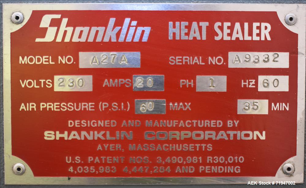 Used Shanklin Automatic L Bar Sealer. Model A27A