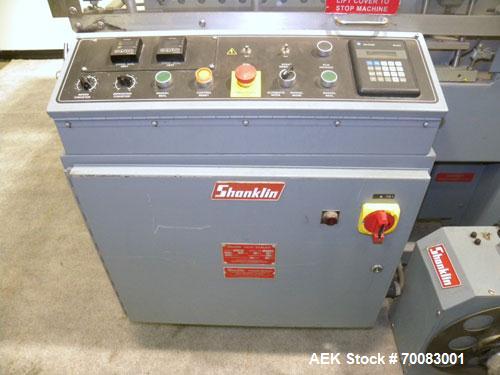 Used ShanklinAutomatic L Bar Sealer, Model A28A. Capable of speeds up to 25 Packages per minute. Seal size 31" wide x 43" long. Has hot knife seal and a package size range: (length) 7-1/2" to 41" (wi...