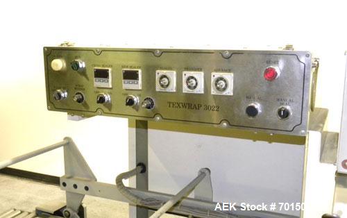 Used Texwrap Automatic L Bar Sealer, Model 3022-NFS-CC-VS4. Capable of speeds up to 45 packages per minute. Has a package size range: (width) 2-3/4" to 20",( length) 4" to 29" (Height) up to 9". Has ...