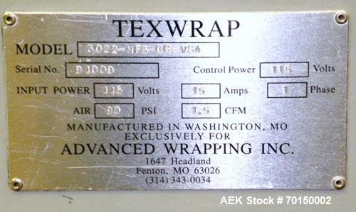 Used Texwrap Automatic L Bar Sealer, Model 3022-NFS-CC-VS4. Capable of speeds up to 45 packages per minute. Has a package size range: (width) 2-3/4" to 20",( length) 4" to 29" (Height) up to 9". Has ...