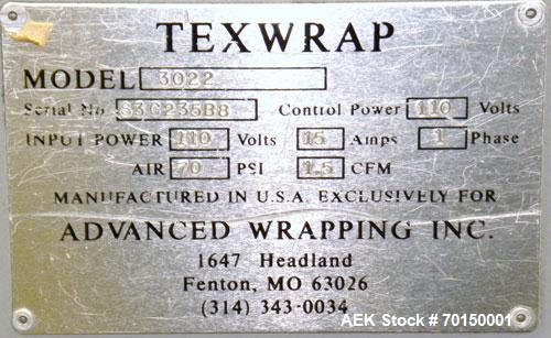 Used Texwrap Automatic L Bar Sealer, Model 3022. Capable of speeds up to 45 packages per minute. Has a package size range: width 2-3/4" to 20", length 4" to 29" and up to 9" high. Has auto infeed, pi...