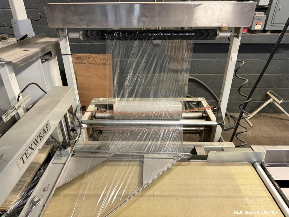 Used Texwrap “Stork” T1322-01 Automatic L-Bar Sealer with T-10 Heat Tunnel | 50 Packages/Min | Shrink Wrapping System | 3/60/240V