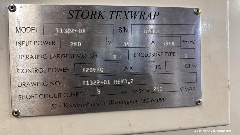 Used Texwrap “Stork” T1322-01 Automatic L-Bar Sealer with T-10 Heat Tunnel | 50 Packages/Min | Shrink Wrapping System | 3/60/240V