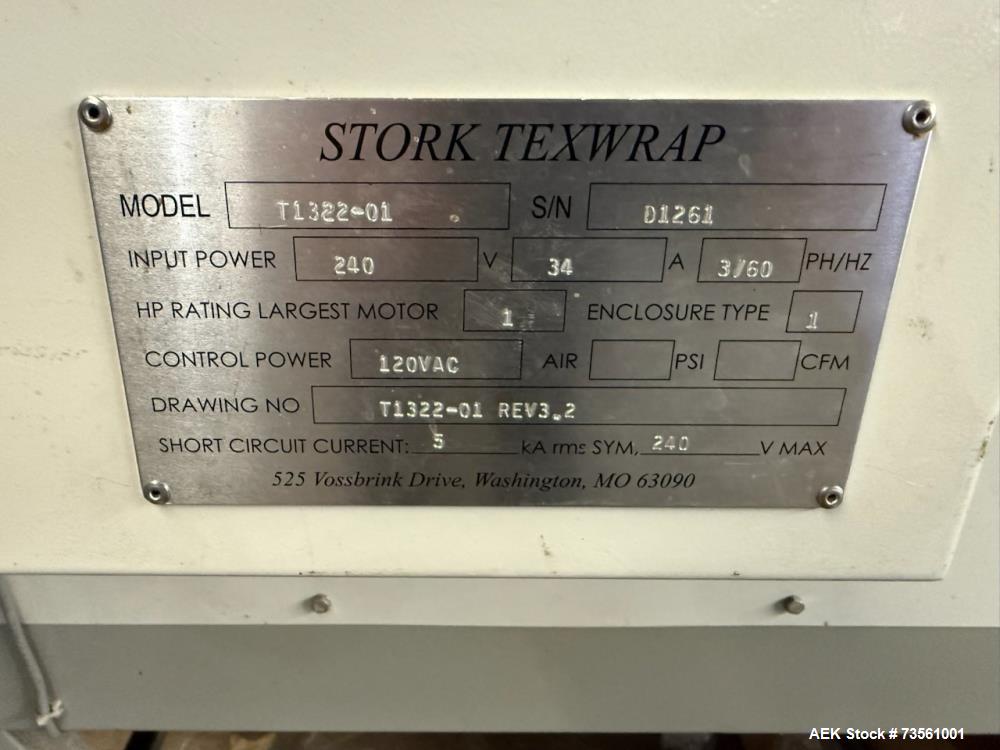 Used Texwrap “Stork” T1322-01 Automatic L-Bar Sealer with T-10 Heat Tunnel | 50 Packages/Min | Shrink Wrapping System | 3/60/240V
