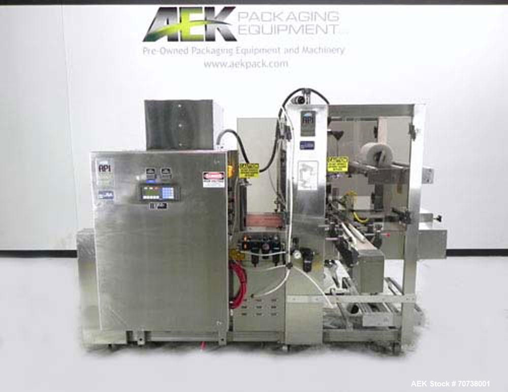 Used API Model DuraTech 2000-S-PH Pharmaceutical Shrink Bundler. Machine is capable of speeds up to 100 bottles/packages per minute (depending on pattern and size). Can handle containers up to 8" (he...