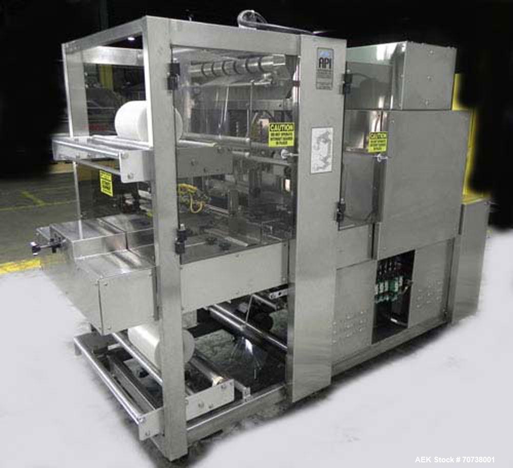 Used API Model DuraTech 2000-S-PH Pharmaceutical Shrink Bundler. Machine is capable of speeds up to 100 bottles/packages per minute (depending on pattern and size). Can handle containers up to 8" (he...