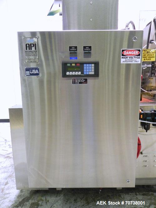 Used API Model DuraTech 2000-S-PH Pharmaceutical Shrink Bundler. Machine is capable of speeds up to 100 bottles/packages per minute (depending on pattern and size). Can handle containers up to 8" (he...