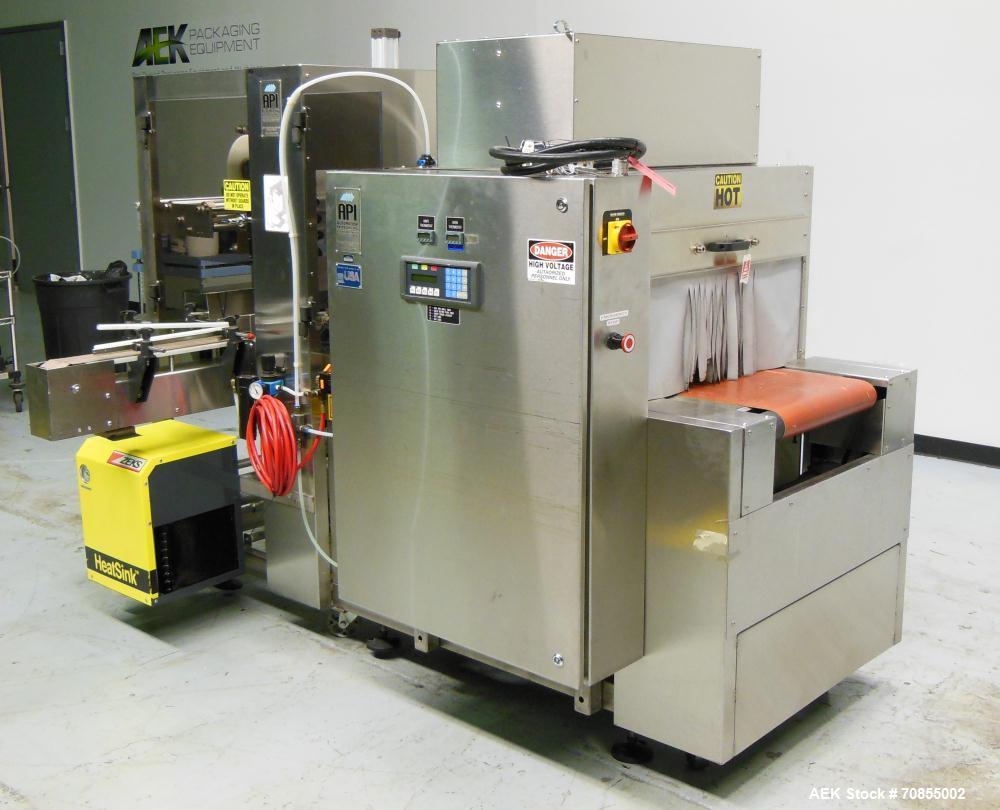 Used API Model DuraTech 2000-S-PH Pharmaceutical Shrink Bundler. Machine is capable of speeds up to 100 bottles/packages per minute (depending on pattern and size). Can handle containers up to 8" (he...