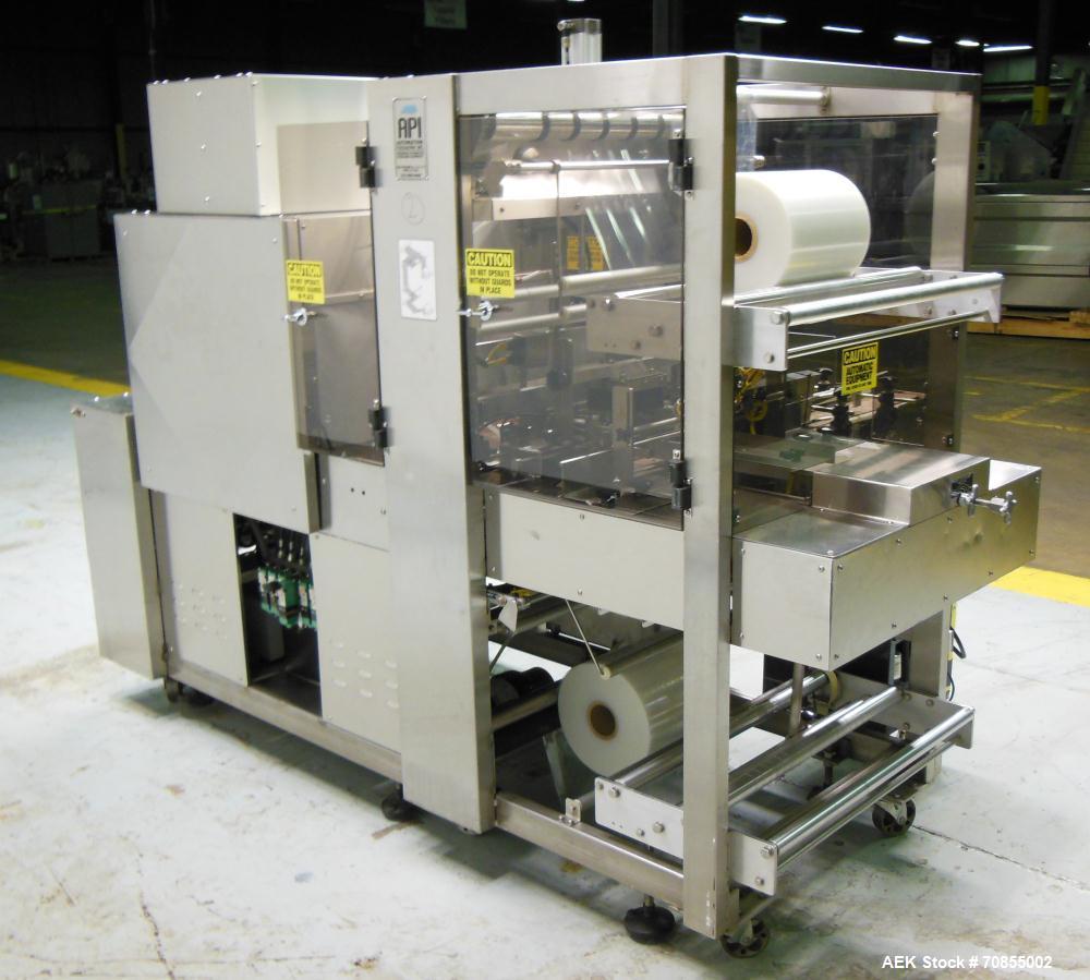 Used API Model DuraTech 2000-S-PH Pharmaceutical Shrink Bundler. Machine is capable of speeds up to 100 bottles/packages per minute (depending on pattern and size). Can handle containers up to 8" (he...