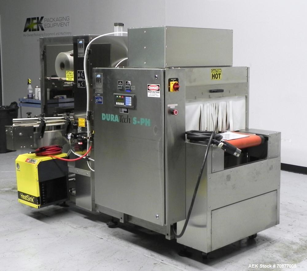 Used API (Lantech) Model DuraTech 2000-S-PH Pharmaceutical Shrink Bundler. Machine is capable of speeds up to 100 bottles/packages per minute (depending on pattern and size). Can handle containers up...