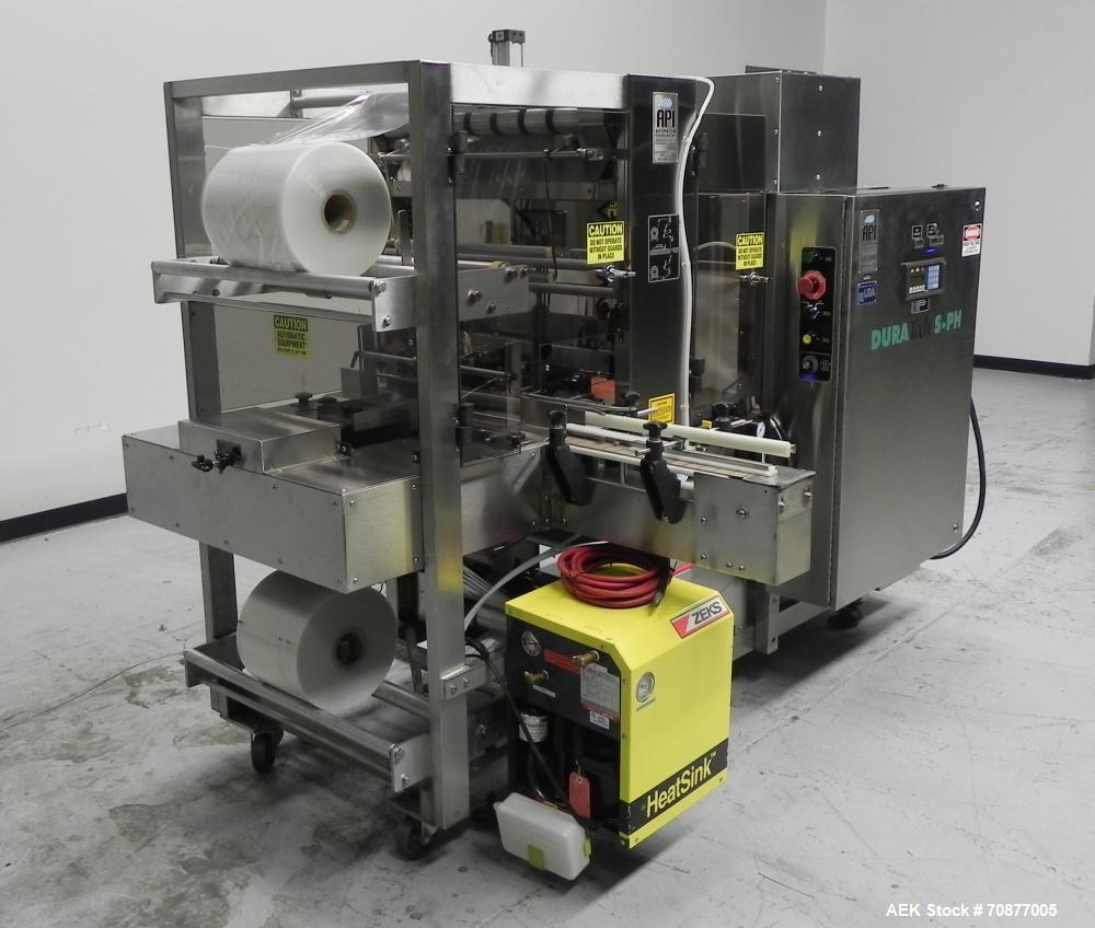 Used API (Lantech) Model DuraTech 2000-S-PH Pharmaceutical Shrink Bundler. Machine is capable of speeds up to 100 bottles/packages per minute (depending on pattern and size). Can handle containers up...