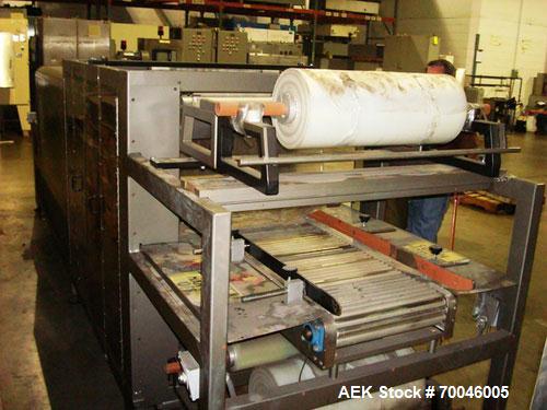 Used American Packaging Machinery (APM) Automatic Inline Shrink Bundler, Series MIF. Designed for trayed products. Capable of speeds up to 45 trays per minute. Intermittent motion unit with integrate...