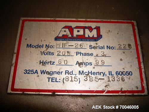 Used American Packaging Machinery (APM) Automatic Inline Shrink Bundler, Series MIF. Designed for trayed products. Capable of speeds up to 45 trays per minute. Intermittent motion unit with integrate...