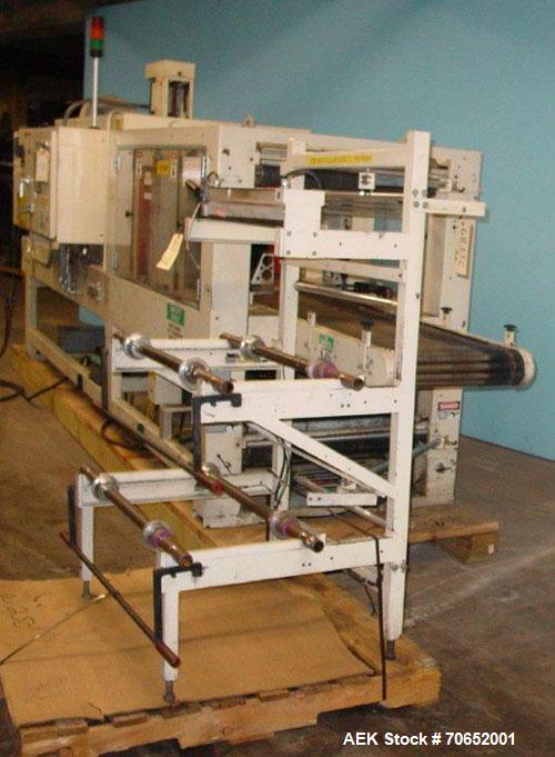 Used Arpac Model 105TW28 Shrink Wrapper with Film Feed Rack and Splicer. Speed up to 36 Wraps per Minute. 6' L x 20" W Roller Flight Infeed Conveyor with Pacing Gate. 28" Wide seal bar. Capable of ru...