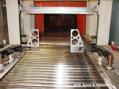 Used Arpac Model 105TW28 Shrink Wrapper with Film Feed Rack and Splicer. Speed up to 36 Wraps per Minute. 6' L x 20" W Roller Flight Infeed Conveyor with Pacing Gate. 28" Wide seal bar. Capable of ru...