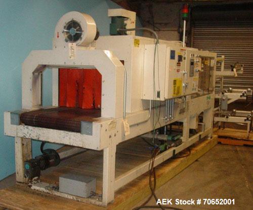 Used Arpac Model 105TW28 Shrink Wrapper with Film Feed Rack and Splicer. Speed up to 36 Wraps per Minute. 6' L x 20" W Roller Flight Infeed Conveyor with Pacing Gate. 28" Wide seal bar. Capable of ru...
